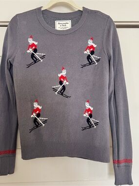 Abercrombie & Fitch Gray Crewneck Sweater with Red Ski Elf Motifs
